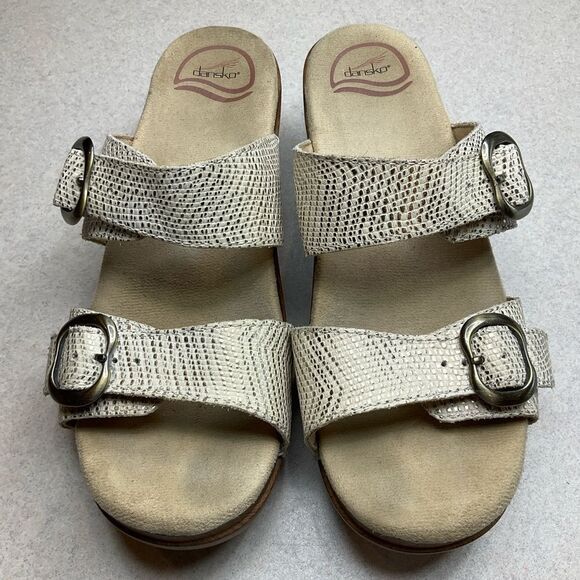 Dansko Sophie Sandal 38 White & Metallic Gold Snakeskin Slip On Open‎ Toe - Picture 2 of 9